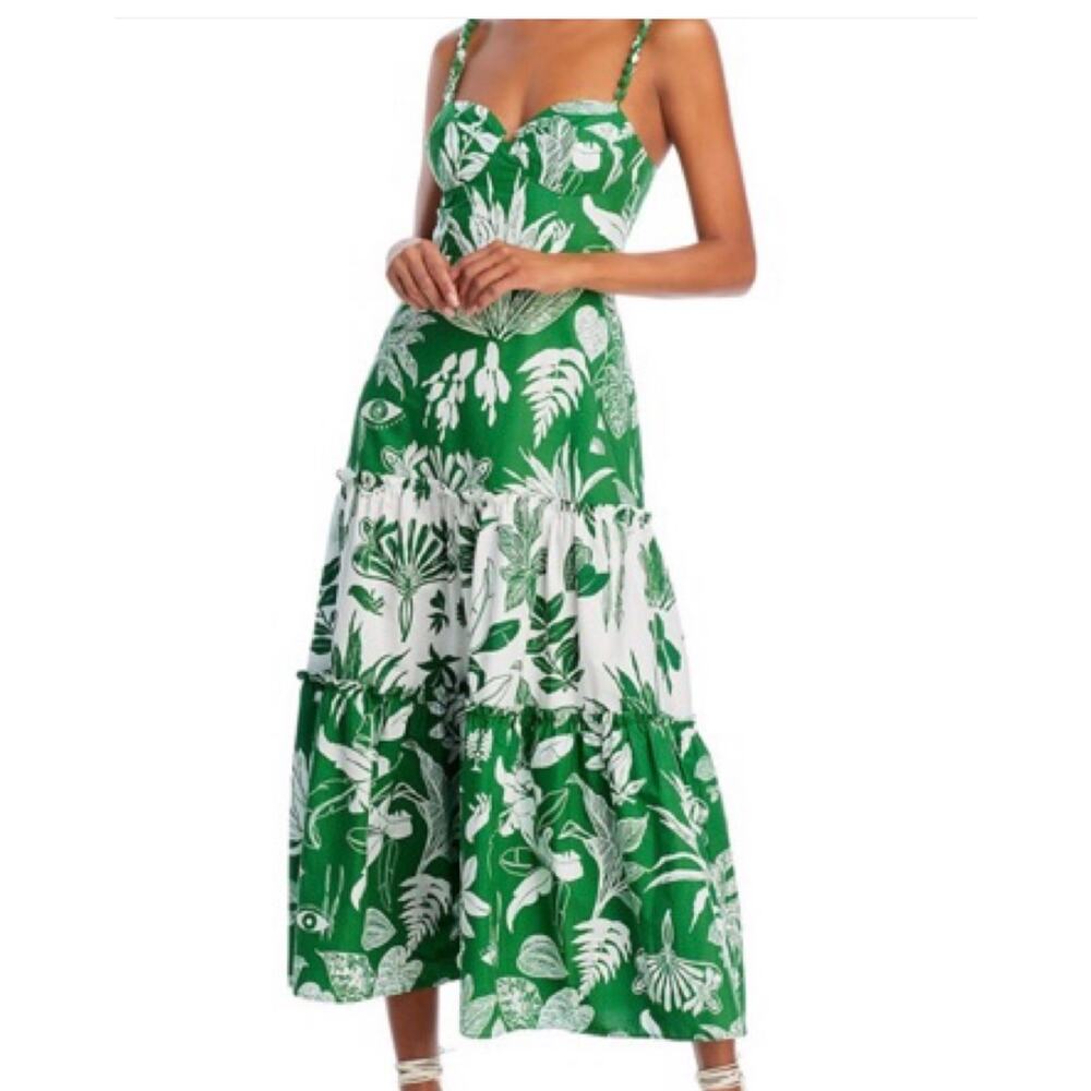 FARM Rio Forest  Soul Mix Midi Dress Green White Tropical Bustier Tiered Size S